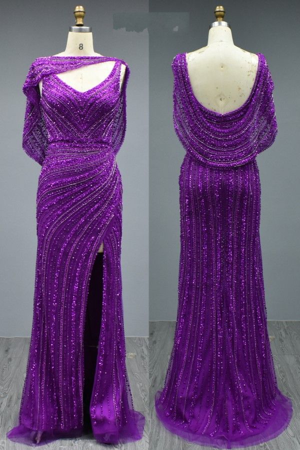 Elegant Long Mermaid V-neck Glitter Formal Evening Dresses with Slit
