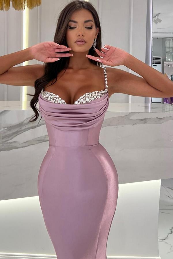Long Mermaid Sweetheart Satin Beading Prom Dress with Court Train