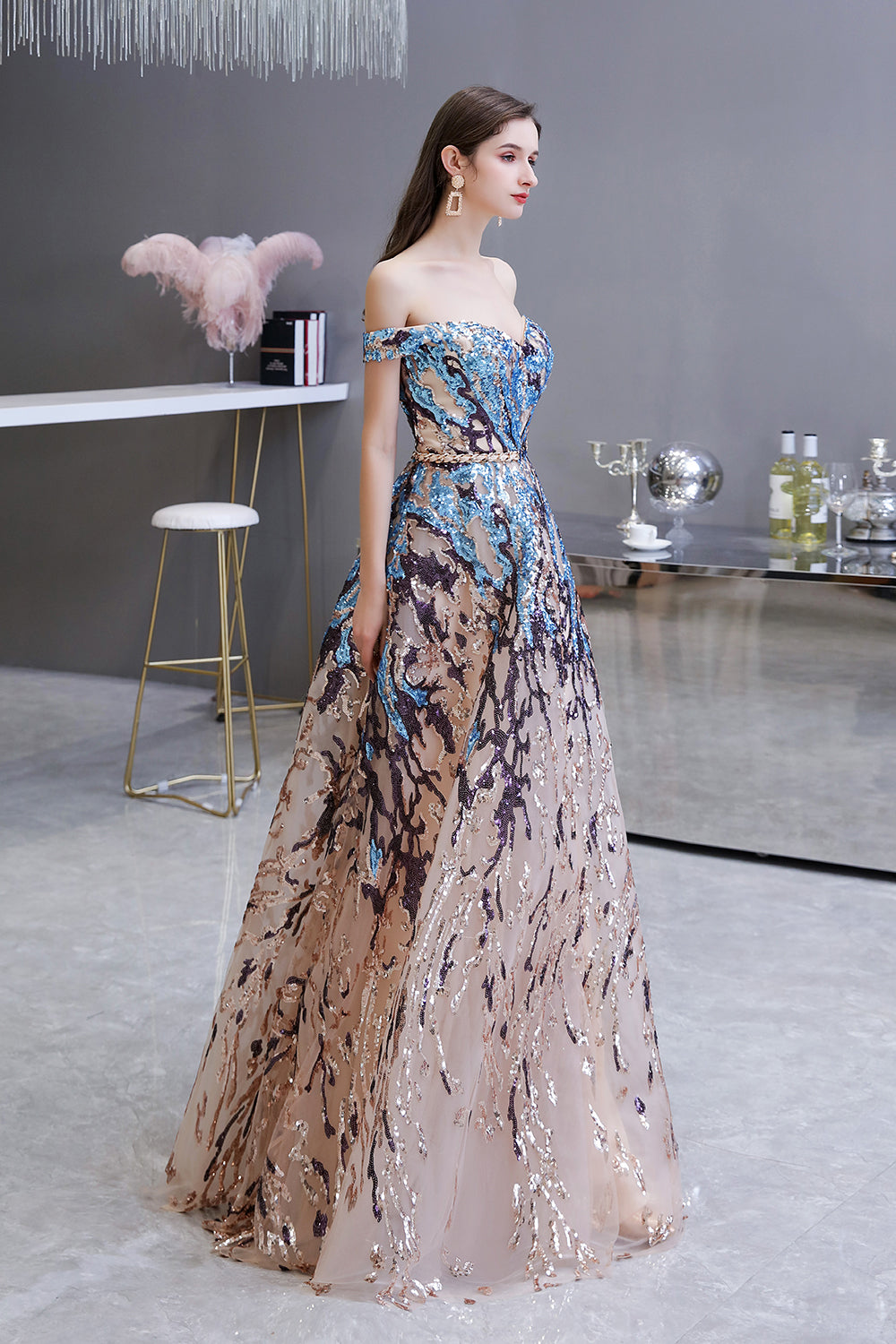 Elegant Multi-Color Long A-line Off the Shoulder Sequins Prom Dresses