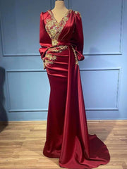 Long Mermaid V-neck Satin Beads Floor length Formal Evening Dress with Sleeves