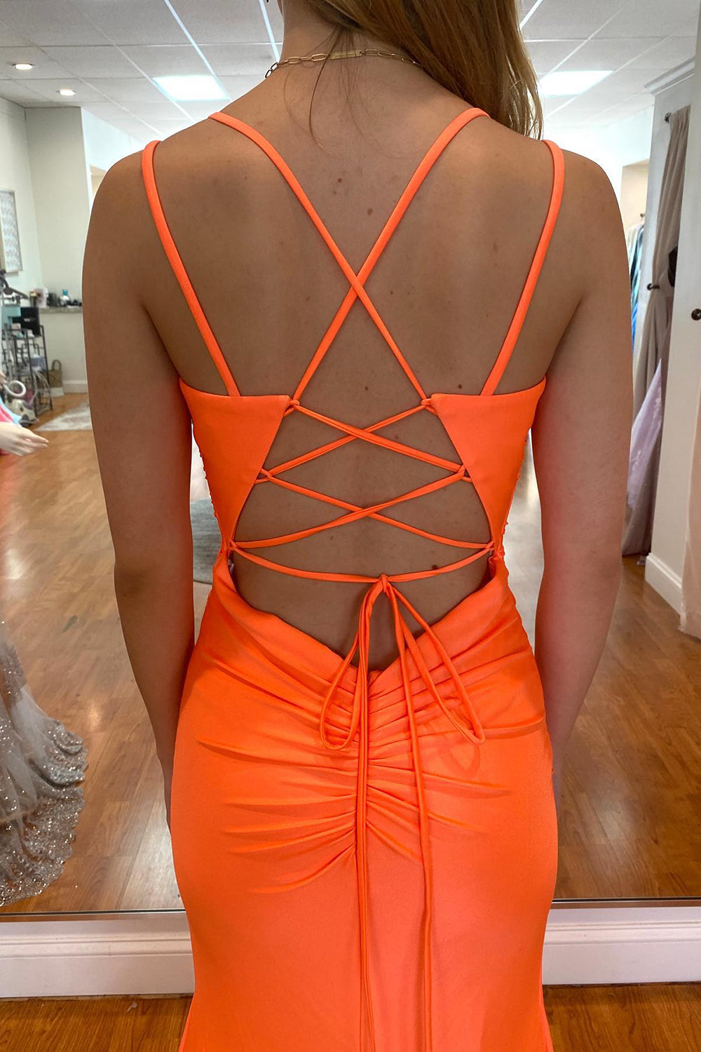 Orange Long Spaghetti Straps Backless Mermaid Prom Dress With Split