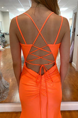 Orange Long Spaghetti Straps Backless Mermaid Prom Dress With Split