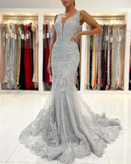 Long Mermaid V-neck Tulle Ruffles Lace Open Back Prom Dress