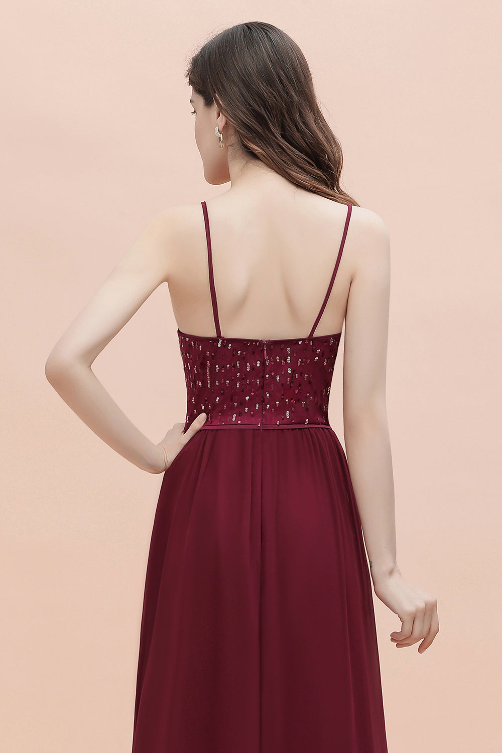 Long V-Neck Spaghetti Straps A-line Chiffon Burgundy Bridesmaid Dress