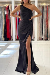 Simple Black Long Mermaid One Shoulder Formal Prom Dress with Slit