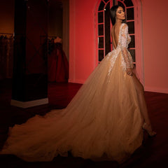 Princess Long Sleeves Tulle Open Back Prom Dress with Slit