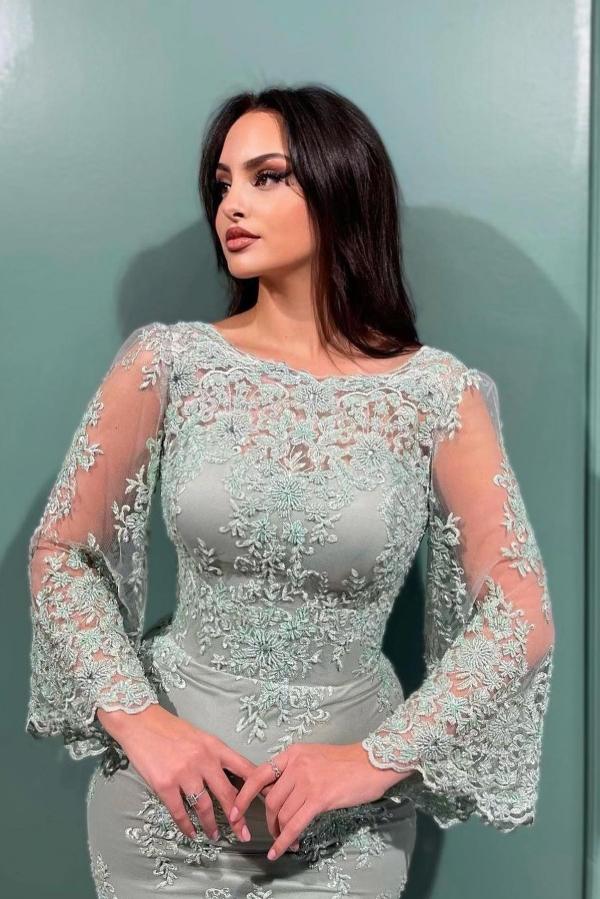 Mermaid Jewel Ankle Length Tulle Lace Formal Evening Dress with Sleeves