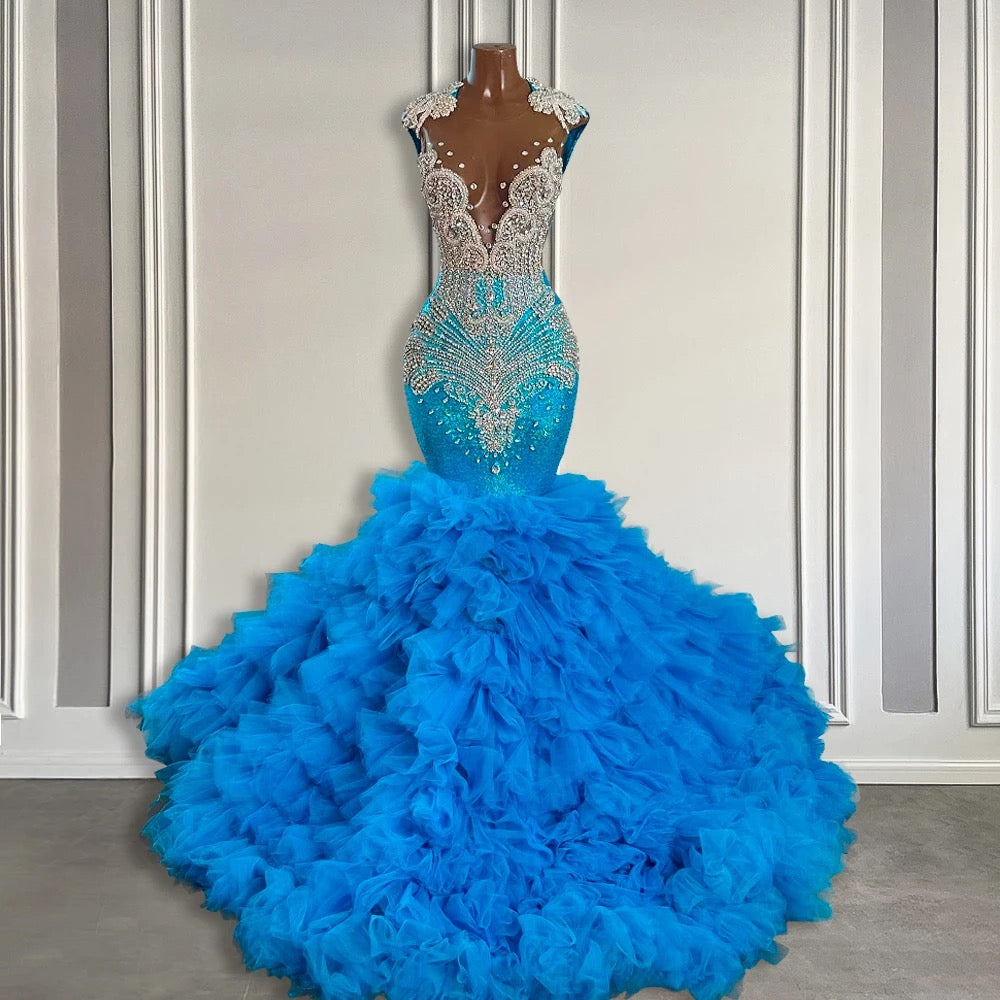 Elegant Long Mermaid Deep V-neck Ruffles Beaded Prom Dresses