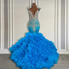 Elegant Long Mermaid Deep V-neck Ruffles Beaded Prom Dresses