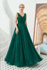 Long V-neck Tulle A-line Sequin Burgundy Formal Dresses