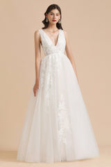 Long V-neck Lace Tulle A-line Wedding Dress