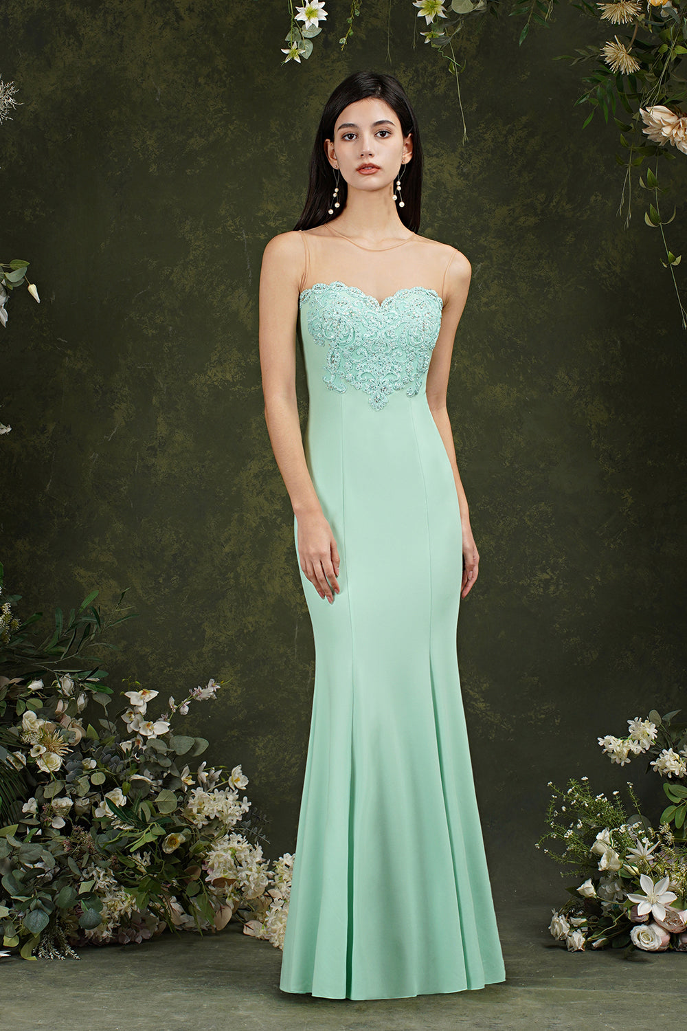 Stunning Long Mermaid Bateau Appliques Lace Ruffles Formal Dress