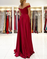 Long A-line Off the Shoulder Satin Prom Dress with Slit