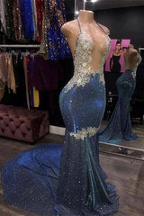 Sparkle Appliques Lace Halter V-Neck Mermaid Long Prom Dress