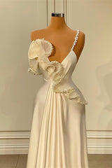 Charming Long A-line Asymmetrical Satin Prom Dress with Ruffles