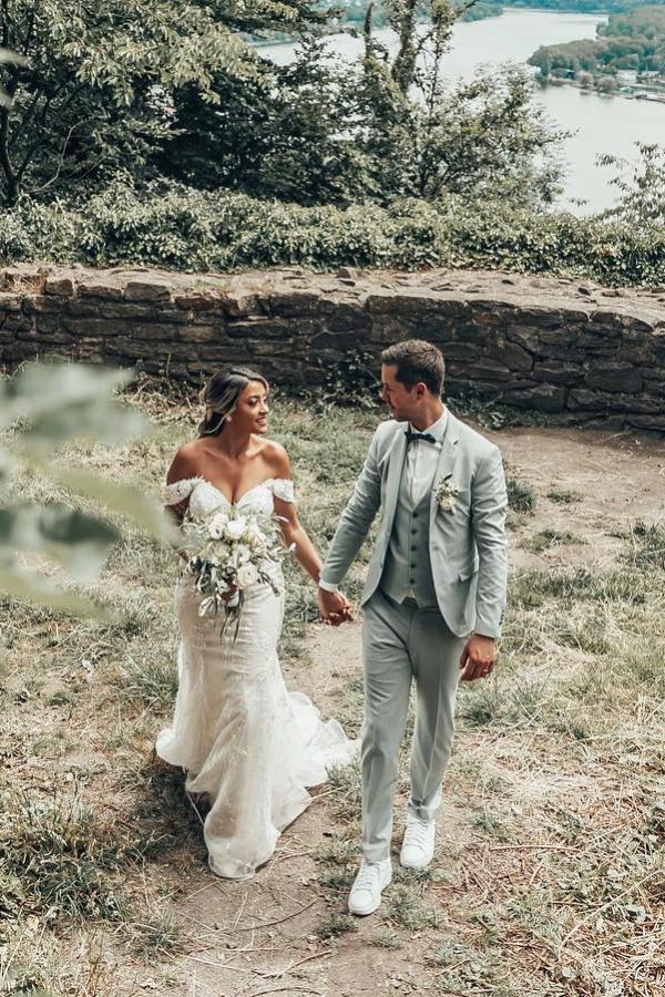 Beautiful Long Mermaid Off the Shoulder Tulle Lace Backless Wedding Dress