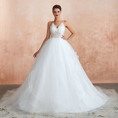 Long Ball Gown Halter Open Back Appliques Tulle Wedding Dress