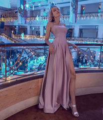 Simple Long A-line Scoop Neck Satin Backless Prom Dress with Slit
