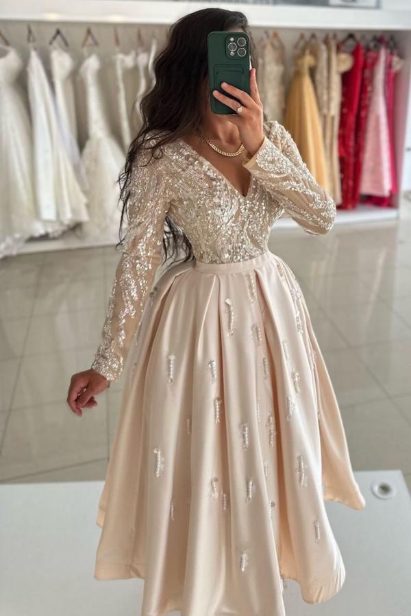 V Neck A Line Short Beaded Party Dress with Long Sleeves
