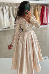 V Neck A Line Short Beaded Party Dress with Long Sleeves