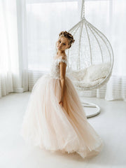 Long Ball Gown Tulle Open Back Boho Flower Girl Dresses with bow