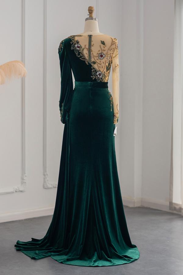 Dark Green Long Mermaid Velvet Tulle Formal Evening Dresses with Sleeves