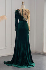 Dark Green Long Mermaid Velvet Tulle Formal Evening Dresses with Sleeves