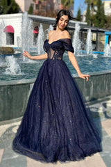 Glitter Long A-line Off the Shoulder Sweetheart Formal Prom Dresses