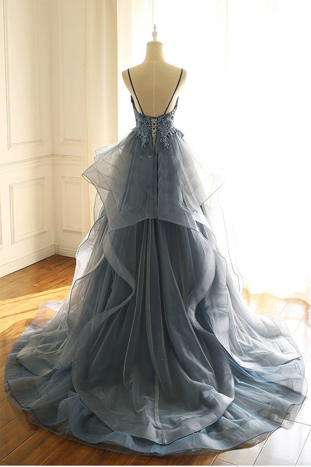 Long V-neck Spaghetti Straps Ruffles Tulle A-line Backless Prom Dress