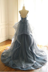 Long V-neck Spaghetti Straps Ruffles Tulle A-line Backless Prom Dress