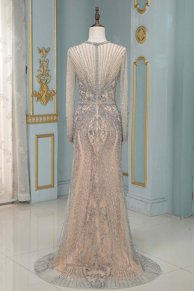 Long Sleeves Keyhole Bateau Mermaid Formal Evening Dress With Beading