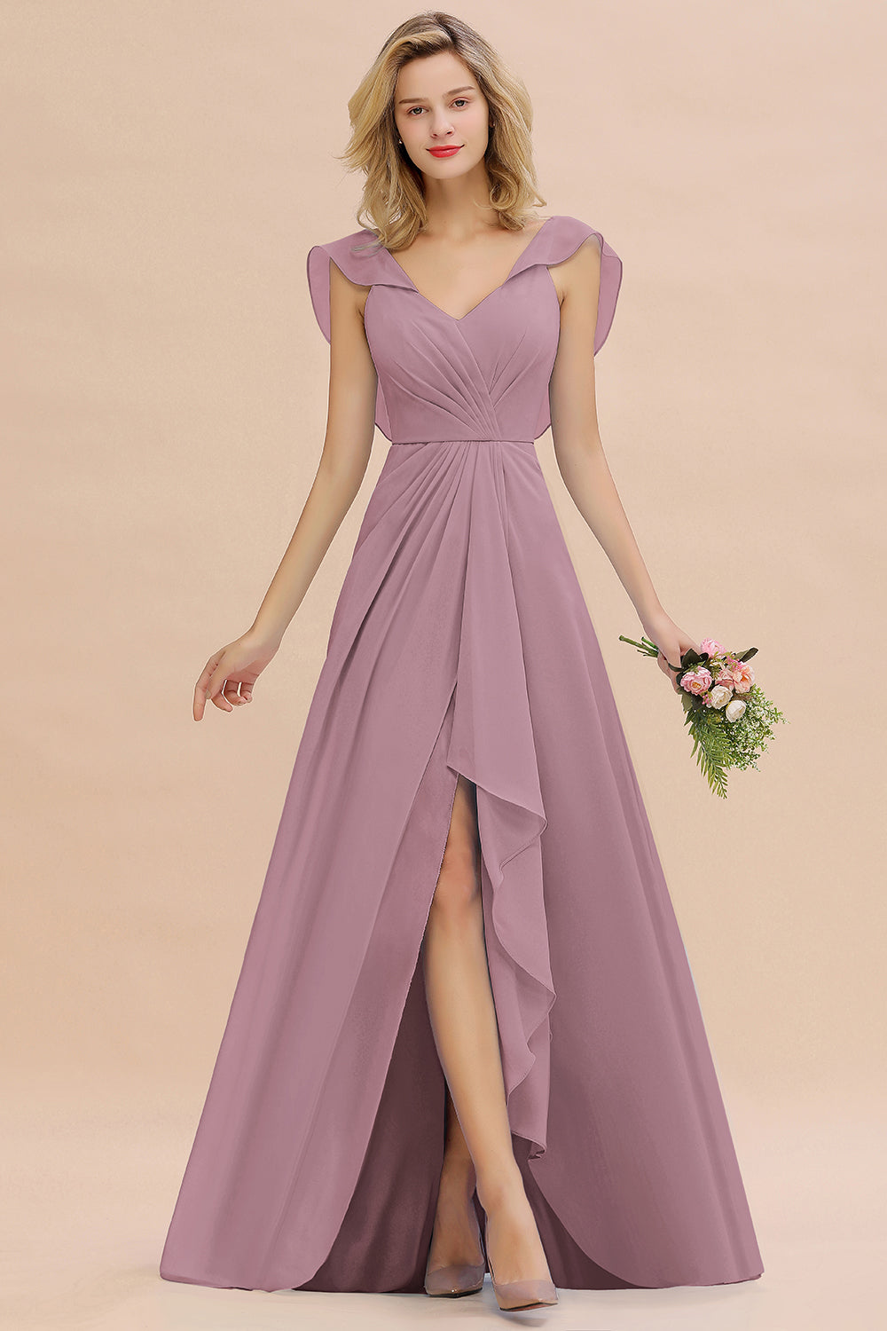 Simple High Low A-line V-Neck Ruffles Chiffon Bridesmaid Dress