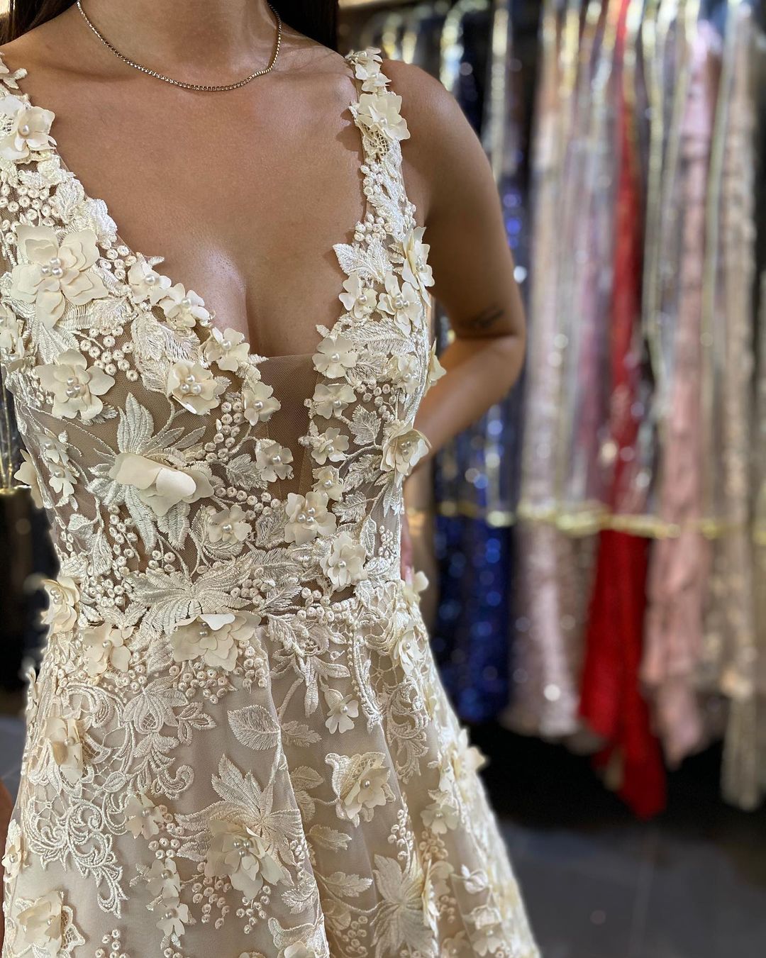Long A-line V-neck Appliques Lace Ruffles Backless Prom Dress