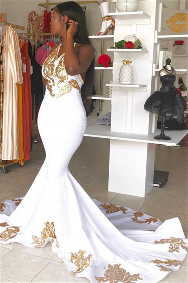 Long Halter Appliques Mermaid White Prom Dress