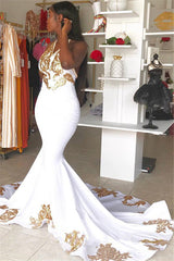 Long Halter Appliques Mermaid White Prom Dress