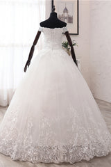 Long Ball Gown Off the Shoulder Tulle Wedding Dress with Lace Appliques