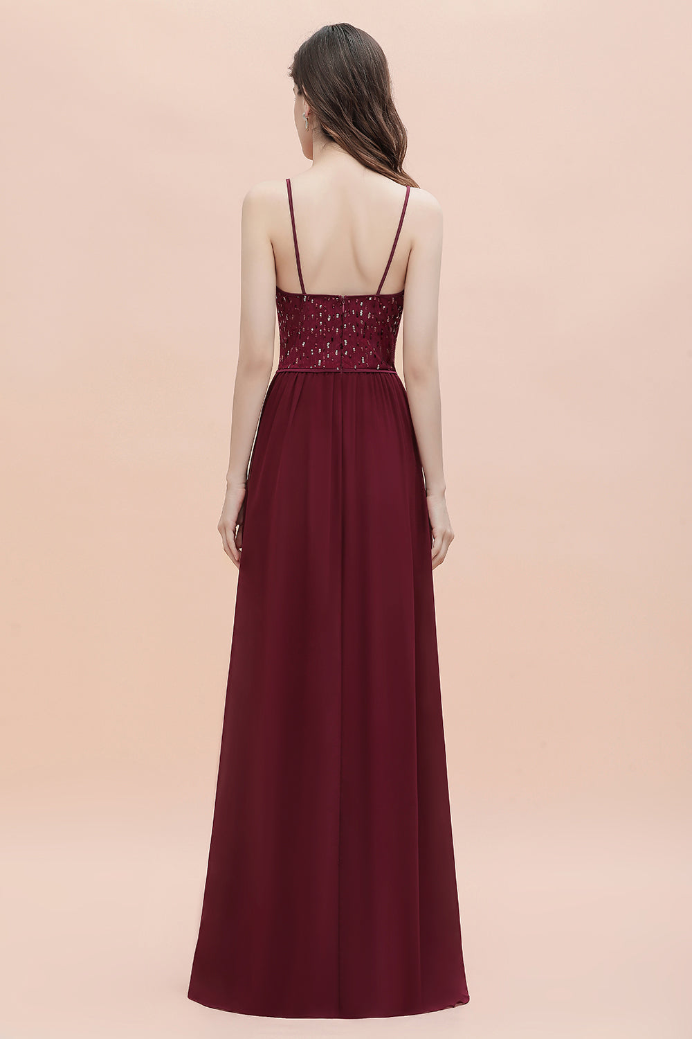 Long V-Neck Spaghetti Straps A-line Chiffon Burgundy Bridesmaid Dress