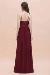 Long V-Neck Spaghetti Straps A-line Chiffon Burgundy Bridesmaid Dress