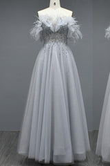 Elegant Long A-line Off the Shoulder Tulle Beading Formal Prom Dresses