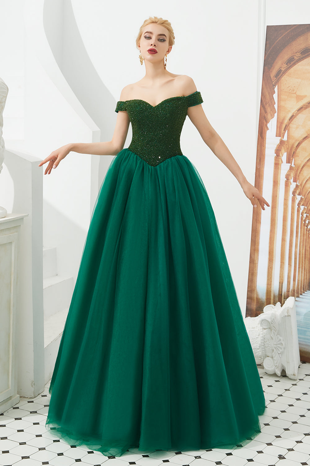 Long A-line Off the Shoulder Tulle Sequin Formal Dresses