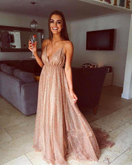 Long V-neck Spaghetti Straps Sequined Backless A-line Prom Dress