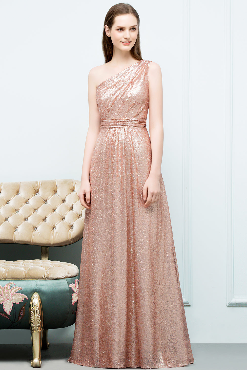 Long One Shoulder Sequined A-line Evening Formal Dress