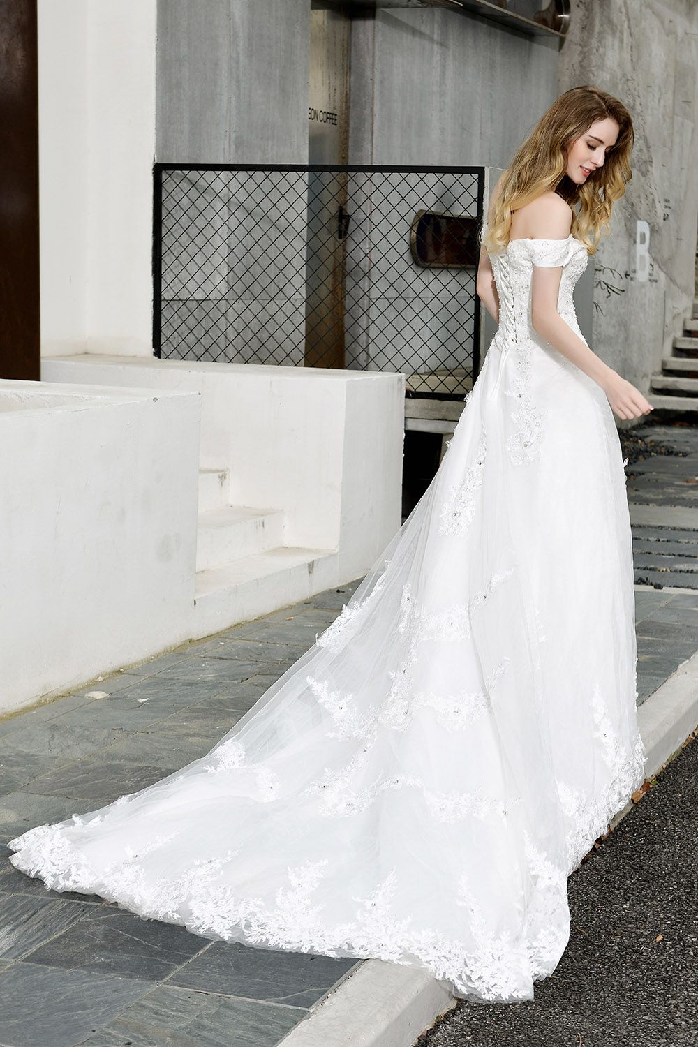 Elegant Long A-line Off the Shoulder Tulle Lace White Wedding Dresses
