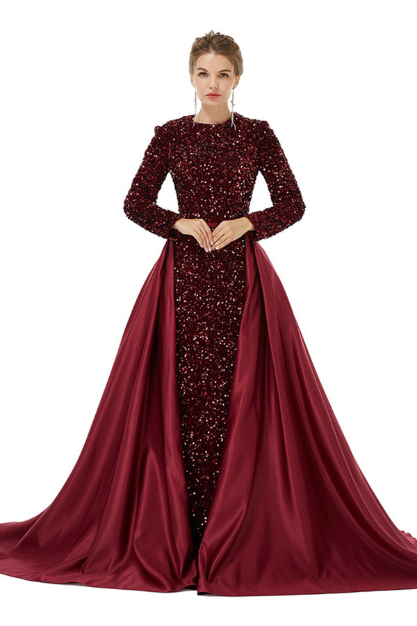Elegant Long Sleeve Mermaid Sequins Black Formal Evening Dress with Overskirt