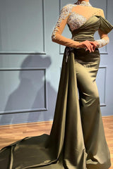 Elegant Long Mermaid High Neck Satin Lace Formal Dresses with Sleeves