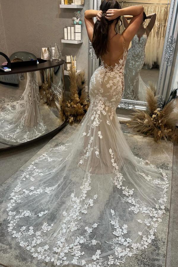 V-Neck Backless Mermaid Tulle Appliques Lace Long Wedding Dress