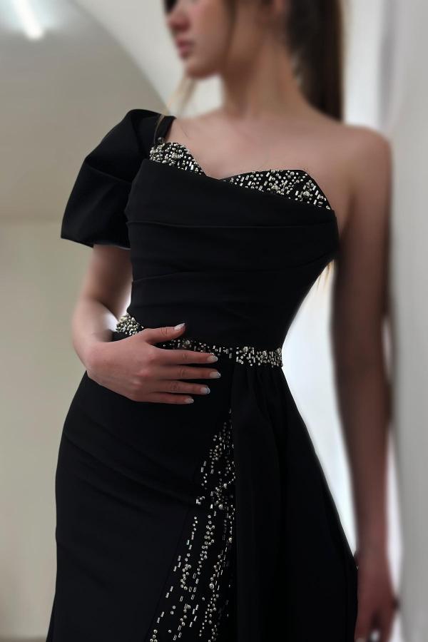 Black Long Mermaid One Shoulder Floor Length Split Front Satin Prom Dresses