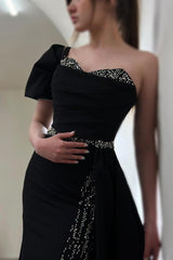 Black Long Mermaid One Shoulder Floor Length Split Front Satin Prom Dresses