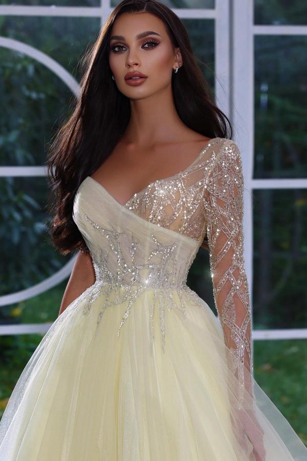 Charming Long A-line One Shoulder Glitter Beads Tulle Prom Dresses with Sleeves