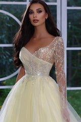 Charming Long A-line One Shoulder Glitter Beads Tulle Prom Dresses with Sleeves